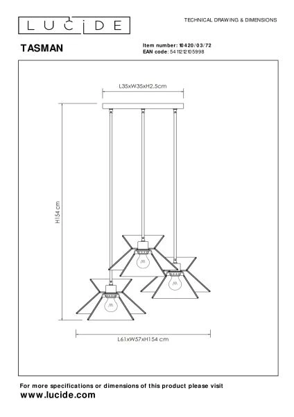 Lucide TASMAN - Pendant light - 3xE27 - Natural - technical